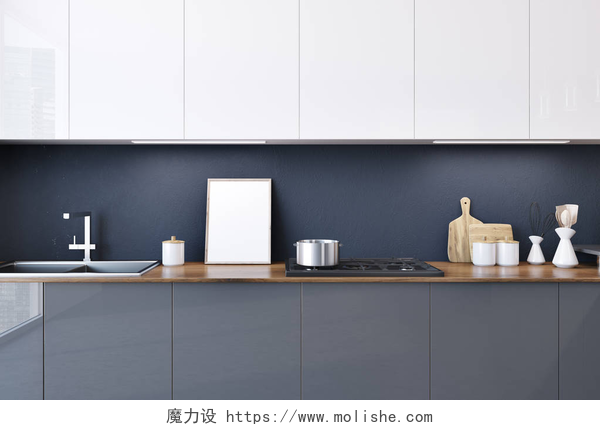 简约风格的卧室装修灰色厨房台面与内置的家电和一排白色橱柜挂在上面。一张镜框海报。3d 渲染模拟